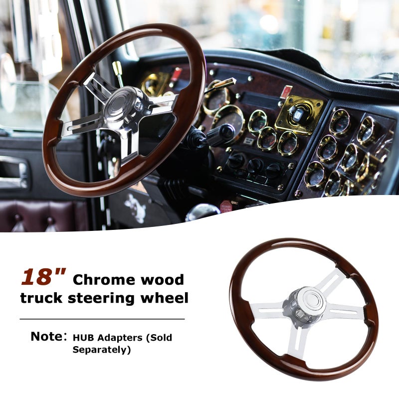QYMOPAY 18in Wood Truck Steering Wheel, 4 Spoke Aluminum Chrome Plated Steering Wheel for Semi-Trailers, Trucks - Image 4