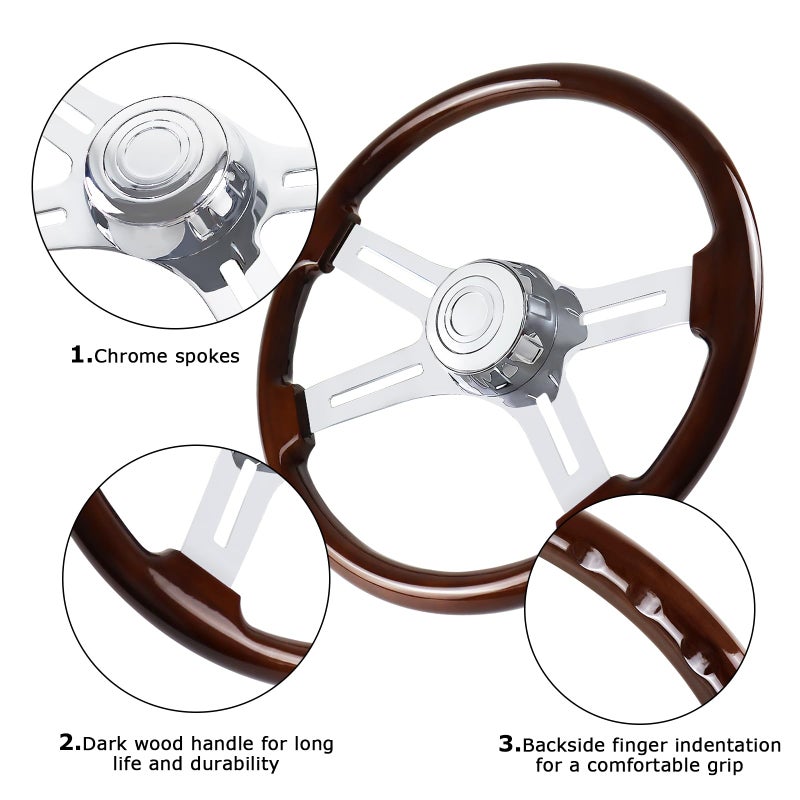 QYMOPAY 18in Wood Truck Steering Wheel, 4 Spoke Aluminum Chrome Plated Steering Wheel for Semi-Trailers, Trucks - Image 3