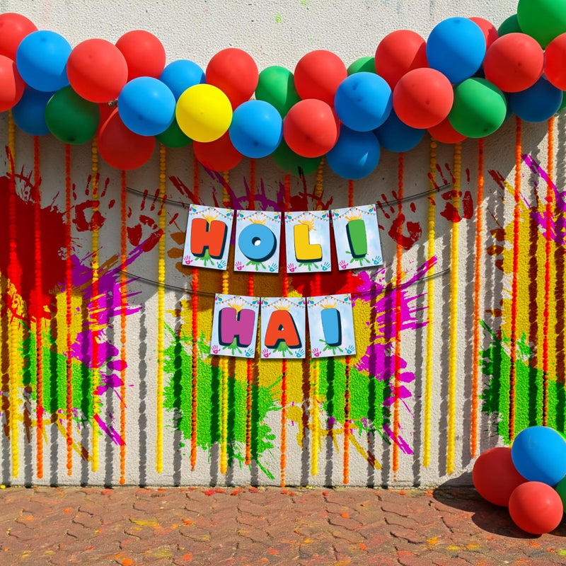 1iAM Happy Holi Decoration Combo Pack of 42 - 1pc "HOLI HAI" Banner, 40pcs Balloons & 1pc Arch | 14th March Decoration Items for Home, Office, Club, School, Collage, Restaurants, Apartment, Society - Image 1