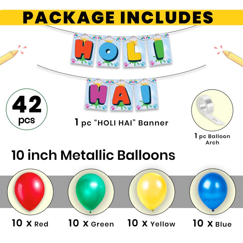 1iAM Happy Holi Decoration Combo Pack of 42 - 1pc "HOLI HAI" Banner, 40pcs Balloons & 1pc Arch | 14th March Decoration Items for Home, Office, Club, School, Collage, Restaurants, Apartment, Society - Image 2