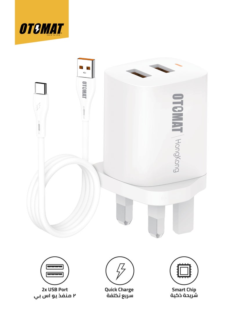 OTOMAT Dual USB 2.4A Fast Charger with USB to Type-C Cable – Charge Two Devices Simultaneously at High Speed, iPhone Charger, Android Charger, Mobile Charger, Power Bank – Black - Image 1