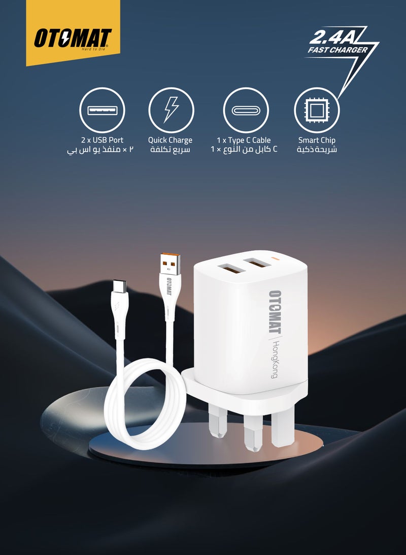 OTOMAT Dual USB 2.4A Fast Charger with USB to Type-C Cable – Charge Two Devices Simultaneously at High Speed, iPhone Charger, Android Charger, Mobile Charger, Power Bank – Black - Image 2