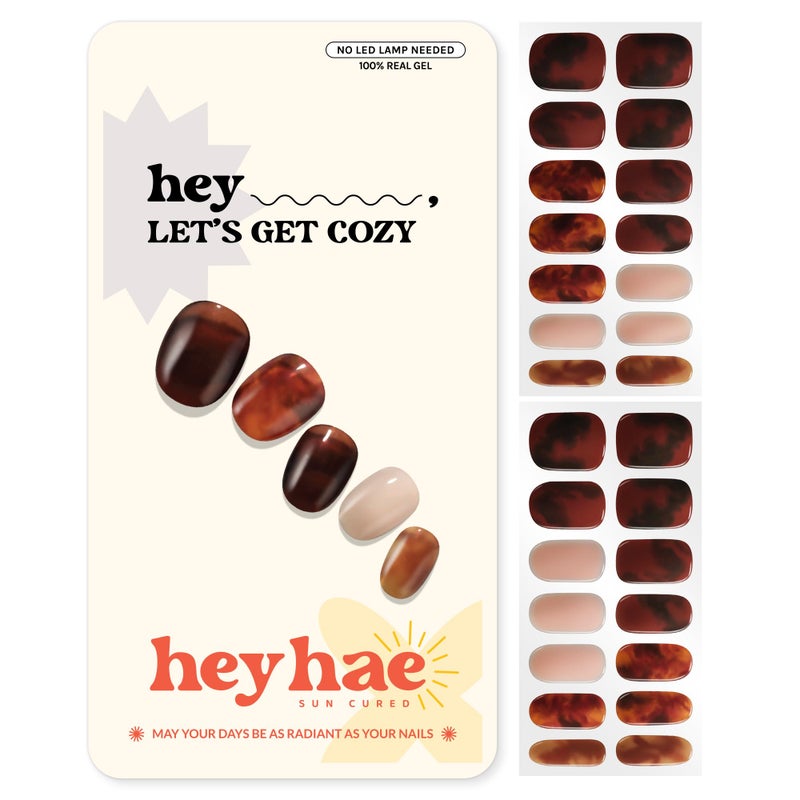 Heyhae Semi Cured Gel Nail Strips | No LED Lamp Needed | Fall, Marble, Brown | Easy Apply & Remove, Salon Quality | Includes 28 Strips, 1 Prep Pads, Nail File & Wooden stick - Hey, Letâ€™s Get Cozy - Image 1