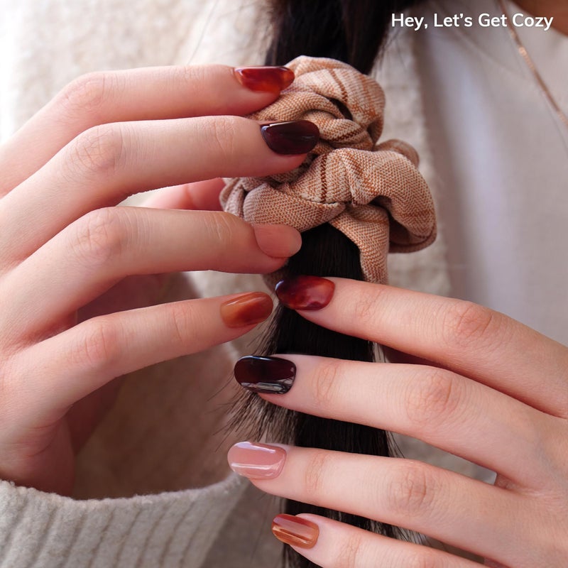 Heyhae Semi Cured Gel Nail Strips | No LED Lamp Needed | Fall, Marble, Brown | Easy Apply & Remove, Salon Quality | Includes 28 Strips, 1 Prep Pads, Nail File & Wooden stick - Hey, Letâ€™s Get Cozy - Image 2