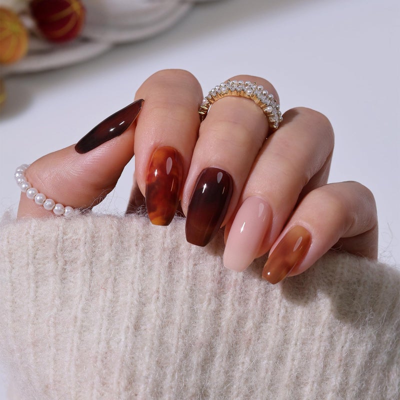 Heyhae Semi Cured Gel Nail Strips | No LED Lamp Needed | Fall, Marble, Brown | Easy Apply & Remove, Salon Quality | Includes 28 Strips, 1 Prep Pads, Nail File & Wooden stick - Hey, Letâ€™s Get Cozy - Image 5