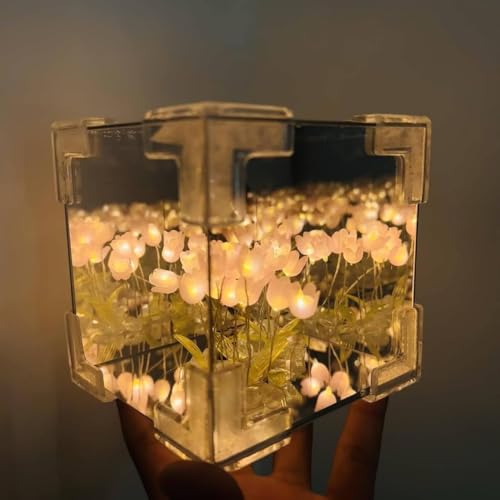 PRIMIL Glass Tulip Night Light LED Cute Flower Bedroom Sleeping Lamp Diy Cube Tulip Lamp, 2024 New Mirror Tulip Night Light With Desk Ornaments For Bedroom, Transparent - Image 4