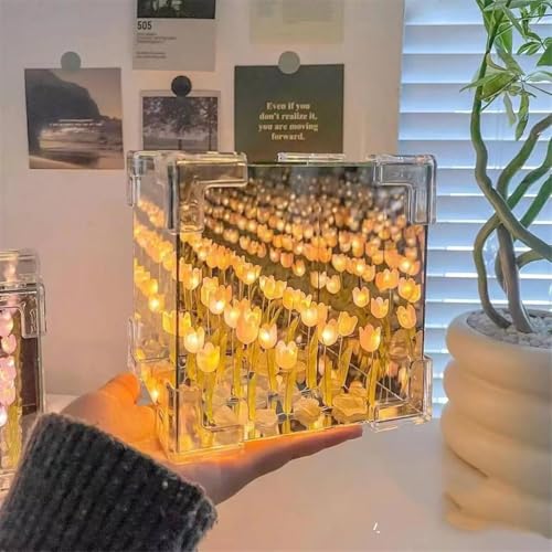 PRIMIL Glass Tulip Night Light LED Cute Flower Bedroom Sleeping Lamp Diy Cube Tulip Lamp, 2024 New Mirror Tulip Night Light With Desk Ornaments For Bedroom, Transparent - Image 1