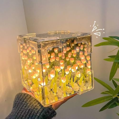 PRIMIL Glass Tulip Night Light LED Cute Flower Bedroom Sleeping Lamp Diy Cube Tulip Lamp, 2024 New Mirror Tulip Night Light With Desk Ornaments For Bedroom, Transparent - Image 5