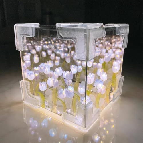PRIMIL Glass Tulip Night Light LED Cute Flower Bedroom Sleeping Lamp Diy Cube Tulip Lamp, 2024 New Mirror Tulip Night Light With Desk Ornaments For Bedroom, Transparent - Image 3