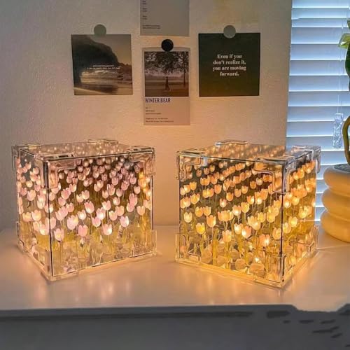 PRIMIL Glass Tulip Night Light LED Cute Flower Bedroom Sleeping Lamp Diy Cube Tulip Lamp, 2024 New Mirror Tulip Night Light With Desk Ornaments For Bedroom, Transparent - Image 2