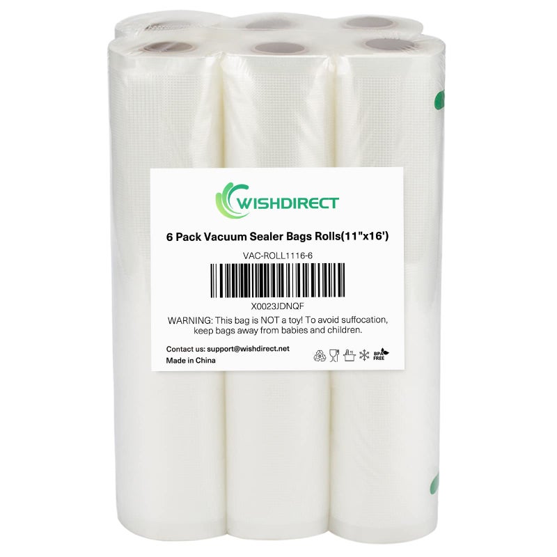 WishDirect Vacuum Sealer Machine Bags Rolls 6 Rolls 11 Inch X 16 Feet Fit Inside Machine Heavy Duty Embossed Food Storage Saver Bags Rolls Compatible with Sous Vide and FoodSaver Total 100 Feet