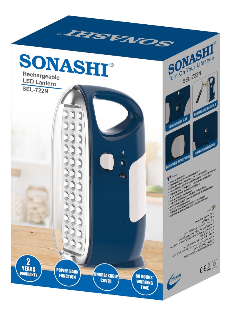 Rechargeable Emergency Lantern  Blue with Solar Charge And Power Bank Function  50 Hours of Long Working  2 Brightness Modes  Perfect for Indoor and Outdoors  Durable and Longlasting SEL-722N Blue