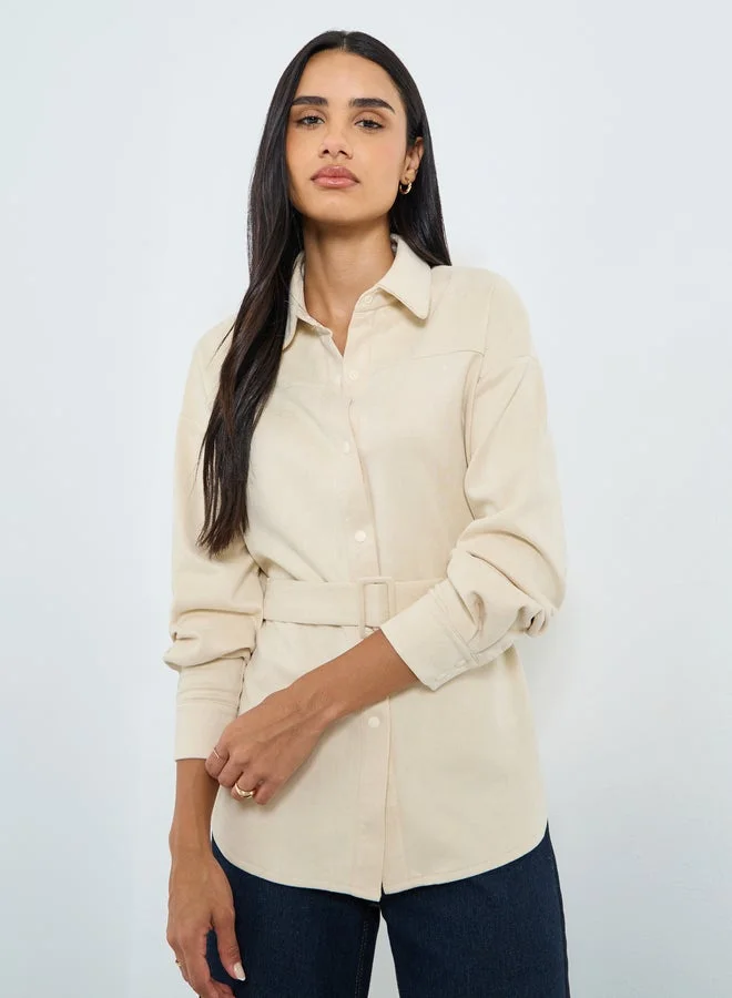 Styli Styli Cream Long Sleeve Relaxed Fit Shirt with Belt