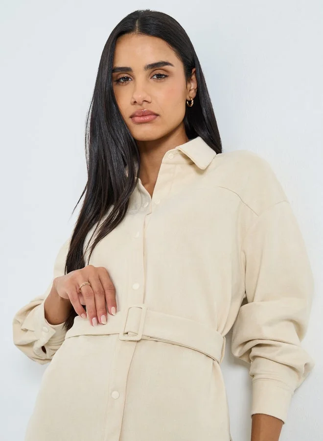 Styli Styli Cream Long Sleeve Relaxed Fit Shirt with Belt
