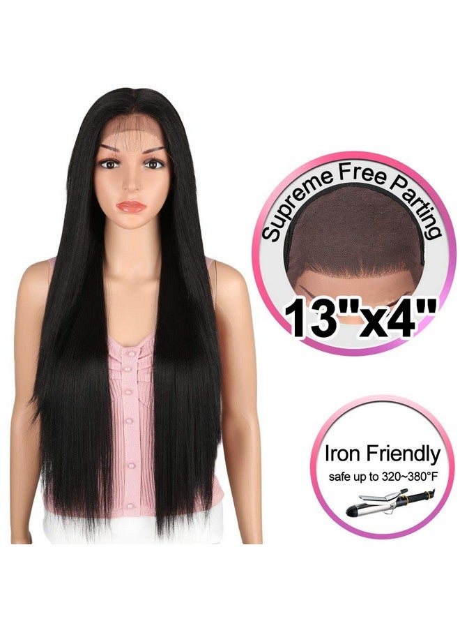 Joedir Oedir 30" Long Straight Wig Supreme Free Parting Lace Frontal Wigs With Baby Hair High Temperature Synthetic Wigs For Women 180% Density Ombre Color Wigs 250G(1B) - Image 2