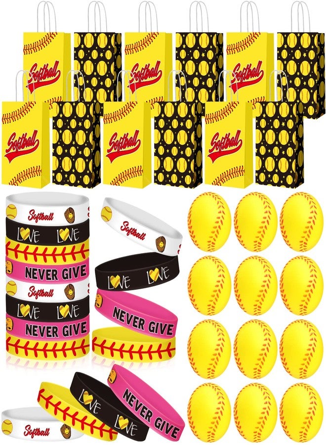 MTLEE Softball Party Favors Set Includes 12 Softball Paper Bags, 12 Silicone Bracelets, 12 Mini Foam Softball for Softball Birthday Party Supplies - Image 1