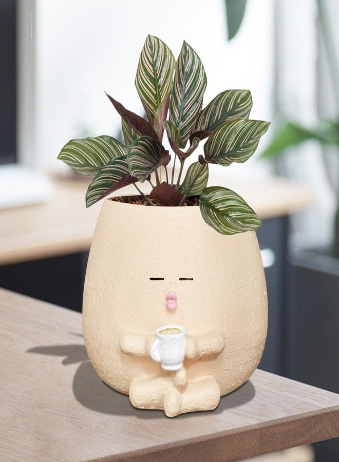 Toparad Smily Face Planter Pot with Coffee Cup Cute Resin Flower Head Planters for Indoor Outdoor Unique Sit Succulent Pots with Drainage Hole Gift IdeaI for Mother Christmas (Khaki) - Image 1