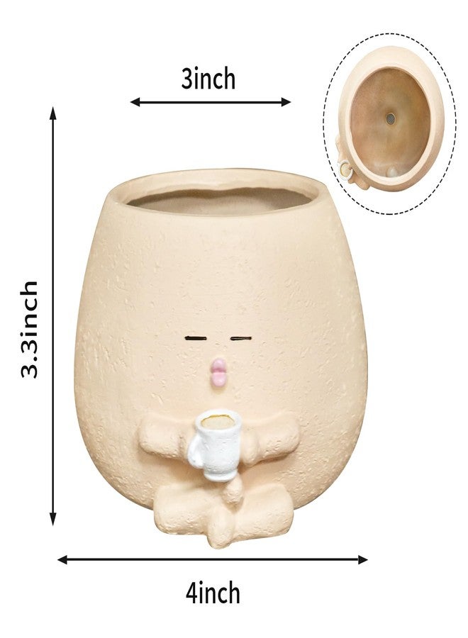 Toparad Smily Face Planter Pot with Coffee Cup Cute Resin Flower Head Planters for Indoor Outdoor Unique Sit Succulent Pots with Drainage Hole Gift IdeaI for Mother Christmas (Khaki) - Image 3