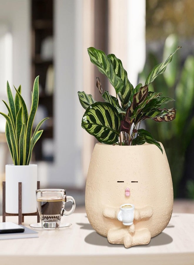 Toparad Smily Face Planter Pot with Coffee Cup Cute Resin Flower Head Planters for Indoor Outdoor Unique Sit Succulent Pots with Drainage Hole Gift IdeaI for Mother Christmas (Khaki) - Image 2