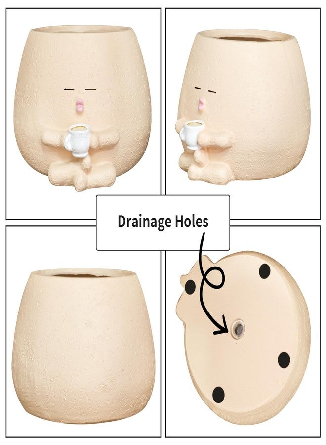 Toparad Smily Face Planter Pot with Coffee Cup Cute Resin Flower Head Planters for Indoor Outdoor Unique Sit Succulent Pots with Drainage Hole Gift IdeaI for Mother Christmas (Khaki) - Image 4