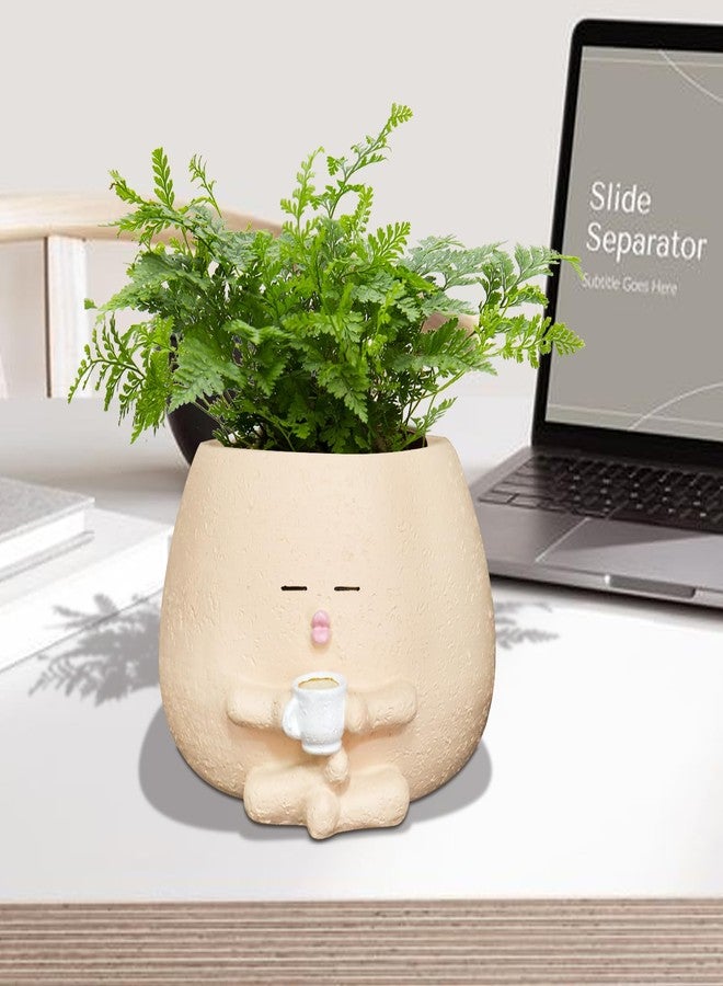 Toparad Smily Face Planter Pot with Coffee Cup Cute Resin Flower Head Planters for Indoor Outdoor Unique Sit Succulent Pots with Drainage Hole Gift IdeaI for Mother Christmas (Khaki) - Image 5