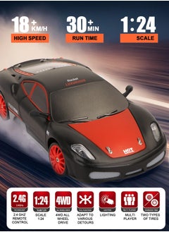 URbazaar Remote Control Car RC Drift Car 1/24 Scale 4WD RC Car With LED Lights 2.4ghz 18km/H Rechargeable High Speed Drift Racing Sport Toy Car For Adults Boys Girls Kids Gift 2pcs Batteries and Extra Tires  - Image 4