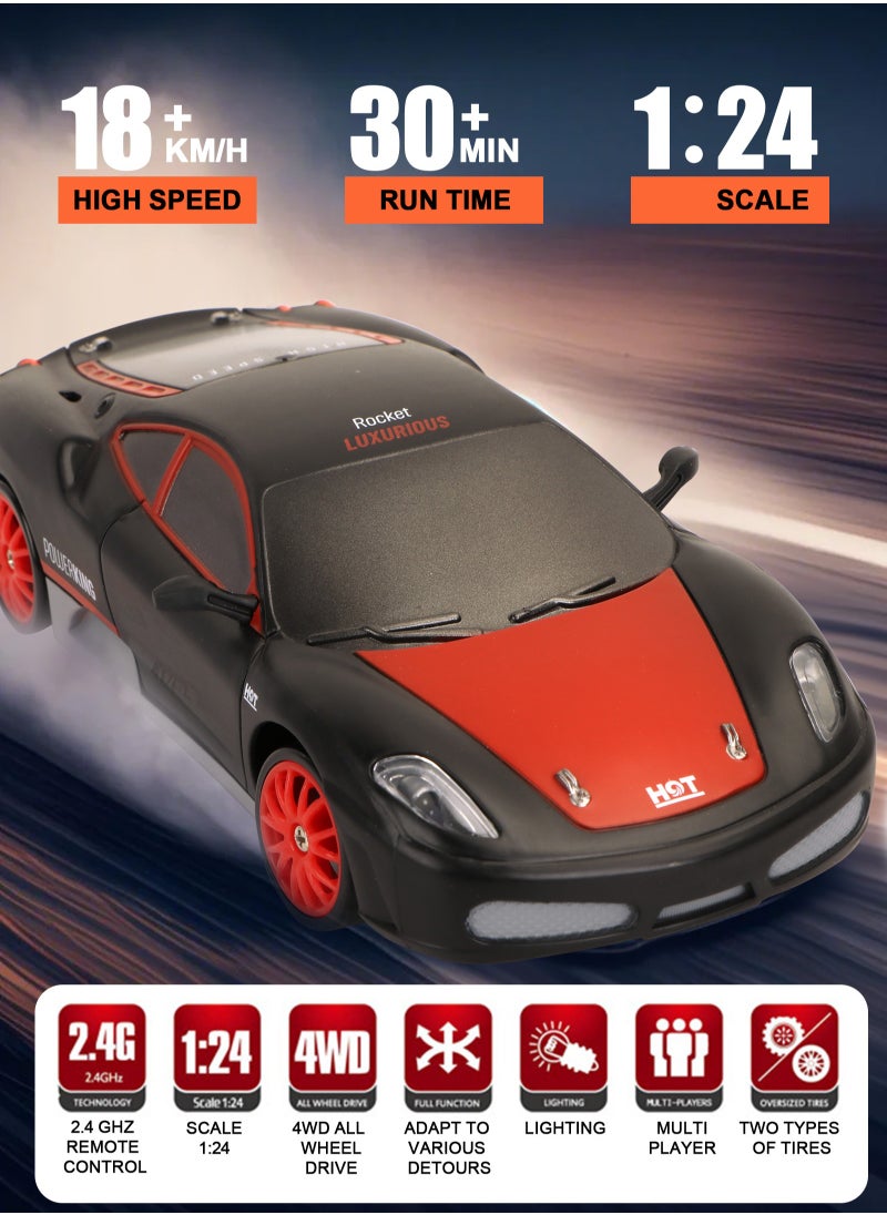 URbazaar Remote Control Car RC Drift Car 1/24 Scale 4WD RC Car With LED Lights 2.4ghz 18km/H Rechargeable High Speed Drift Racing Sport Toy Car For Adults Boys Girls Kids Gift 2pcs Batteries and Extra Tires  - Image 4