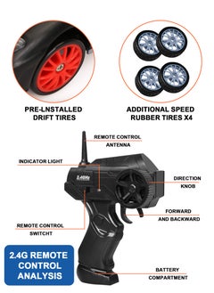 URbazaar Remote Control Car RC Drift Car 1/24 Scale 4WD RC Car With LED Lights 2.4ghz 18km/H Rechargeable High Speed Drift Racing Sport Toy Car For Adults Boys Girls Kids Gift 2pcs Batteries and Extra Tires  - Image 5