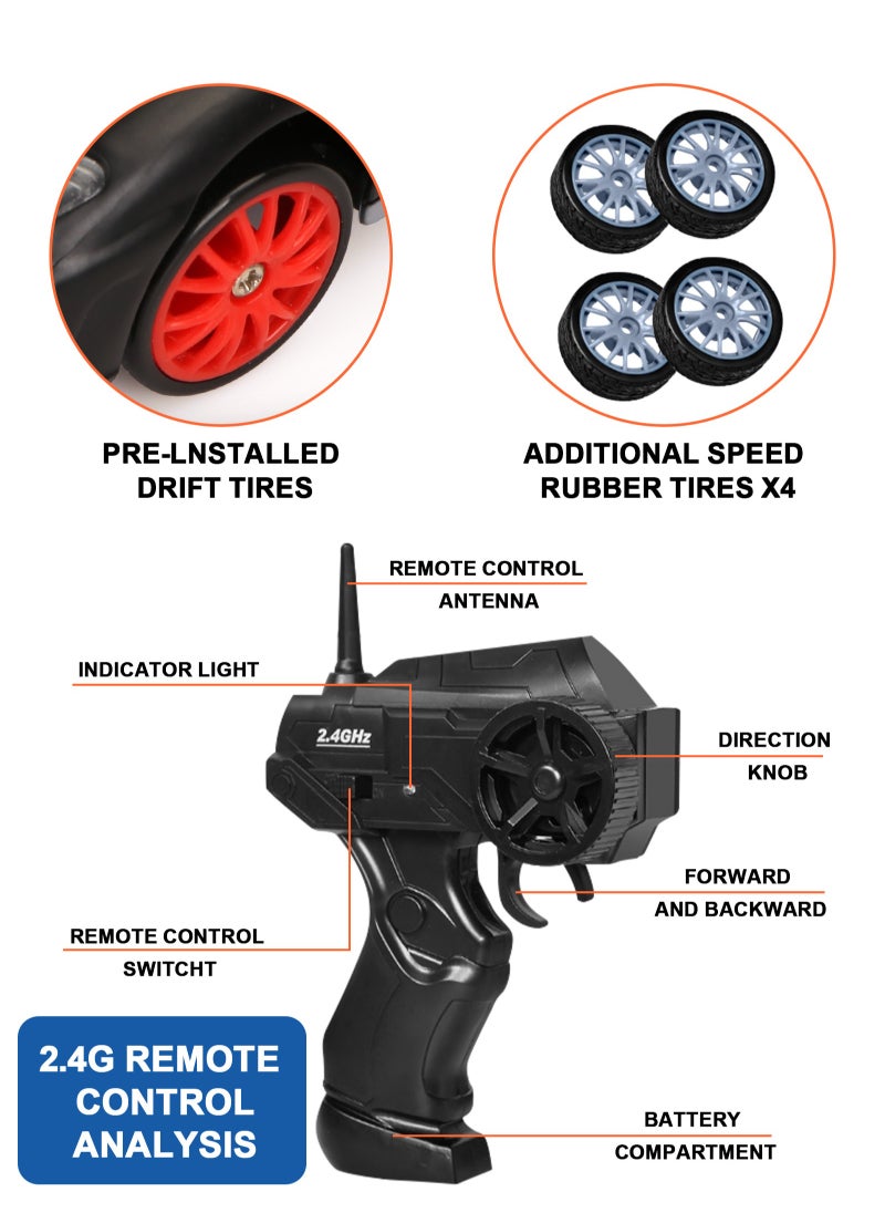 URbazaar Remote Control Car RC Drift Car 1/24 Scale 4WD RC Car With LED Lights 2.4ghz 18km/H Rechargeable High Speed Drift Racing Sport Toy Car For Adults Boys Girls Kids Gift 2pcs Batteries and Extra Tires  - Image 5