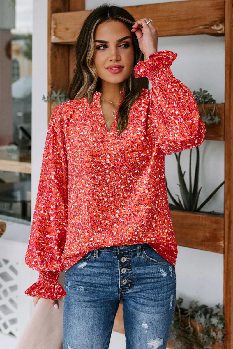 MASCOMODA Womens V Neck Floral Long Sleeve Tops 2026 Summer Casual Loose Puff Sleeve Chiffon Boho Work Blouse Dressy T Shirts(Orange Red Flower,Medium) - Image 3