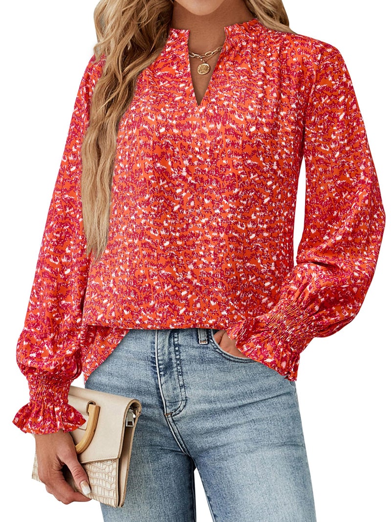 MASCOMODA Womens V Neck Floral Long Sleeve Tops 2026 Summer Casual Loose Puff Sleeve Chiffon Boho Work Blouse Dressy T Shirts(Orange Red Flower,Medium) - Image 2
