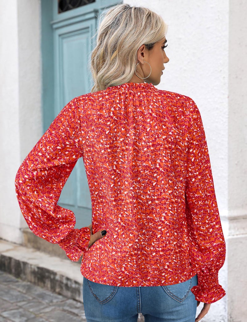 MASCOMODA Womens V Neck Floral Long Sleeve Tops 2026 Summer Casual Loose Puff Sleeve Chiffon Boho Work Blouse Dressy T Shirts(Orange Red Flower,Medium) - Image 5