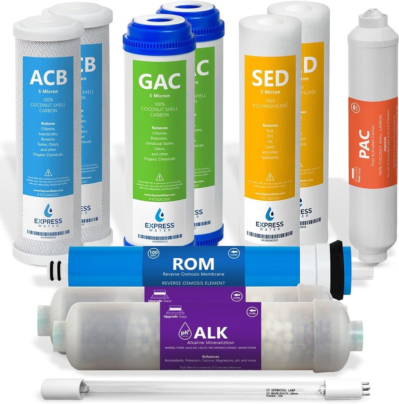 Express Water 1 Year Reverse Osmosis System Filter Set 11 Filters with 100 GPD RO Membrane Carbon GAC ACB PAC Sediment SED Alkaline and UV Filters 10 inch Size Replacement Water Filters
