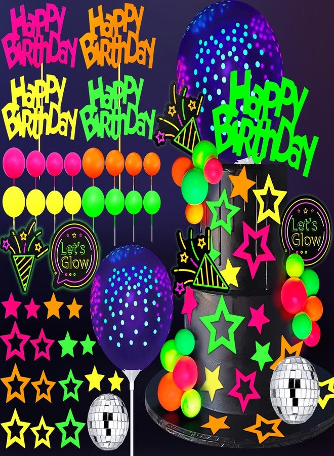 SPFYunion 40 PCS Glow Cake Topper Set with Disco Ball Balloon Cakes Ball Star Happy Birthday Toppers in 4 Colors Party Decorations for Neon Cakes Black Light Party Supplies - Image 1