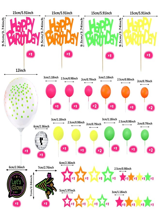 SPFYunion 40 PCS Glow Cake Topper Set with Disco Ball Balloon Cakes Ball Star Happy Birthday Toppers in 4 Colors Party Decorations for Neon Cakes Black Light Party Supplies - Image 2
