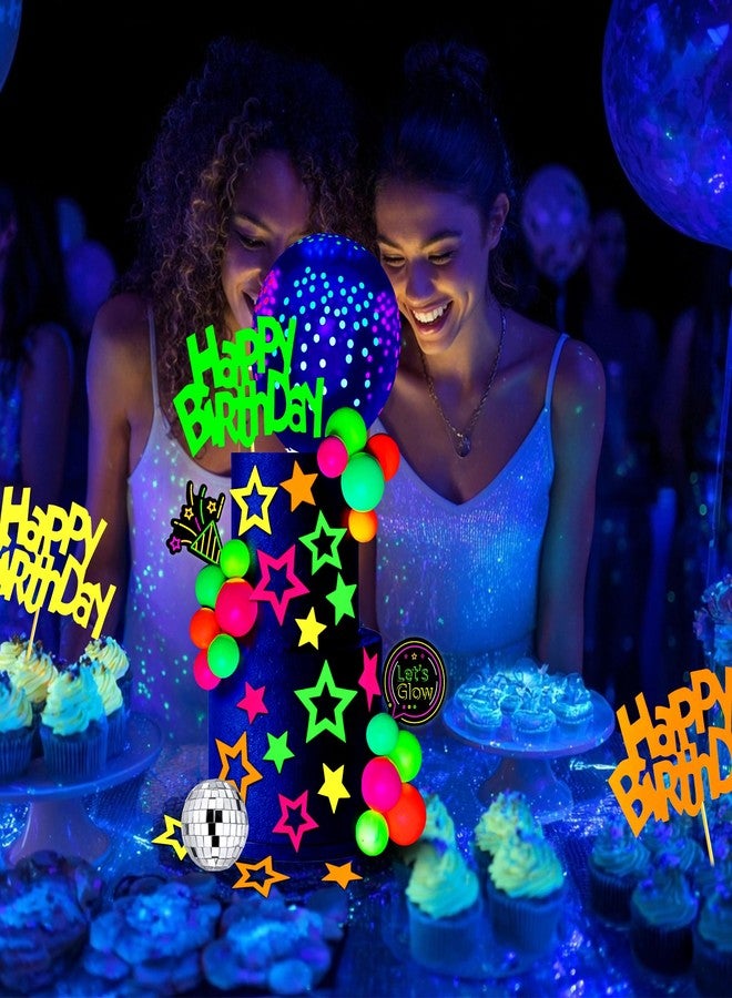 SPFYunion 40 PCS Glow Cake Topper Set with Disco Ball Balloon Cakes Ball Star Happy Birthday Toppers in 4 Colors Party Decorations for Neon Cakes Black Light Party Supplies - Image 4