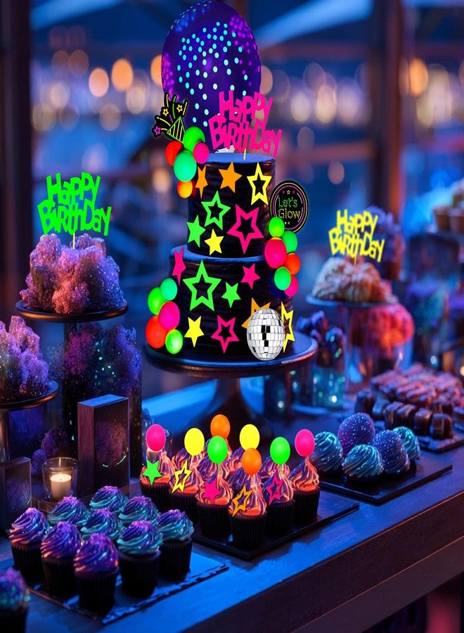 SPFYunion 40 PCS Glow Cake Topper Set with Disco Ball Balloon Cakes Ball Star Happy Birthday Toppers in 4 Colors Party Decorations for Neon Cakes Black Light Party Supplies - Image 5