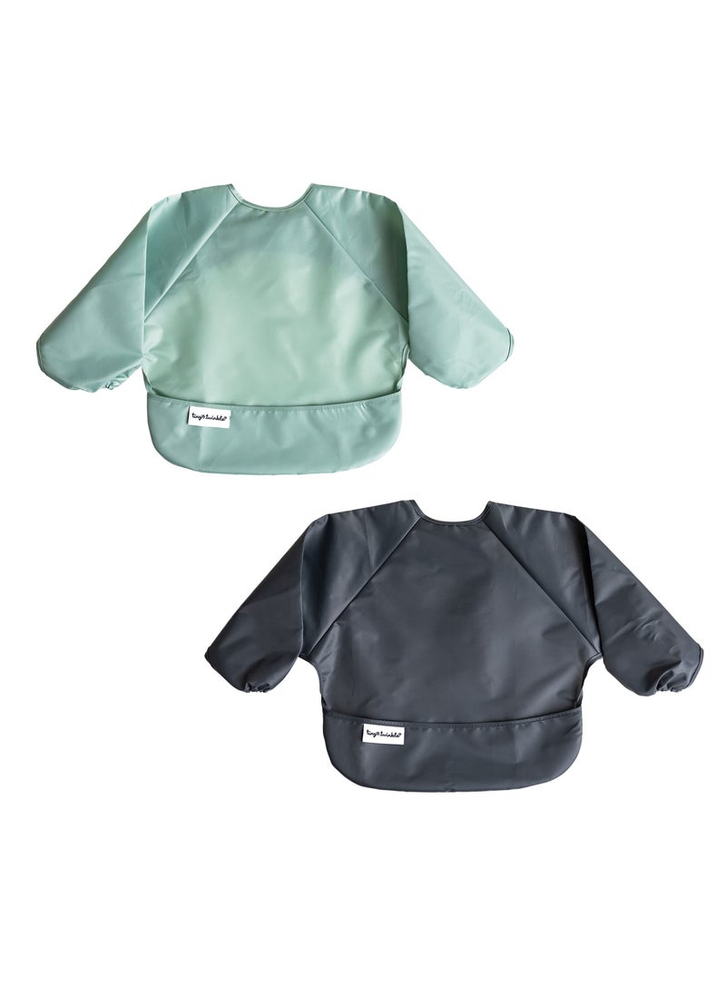 Tiny Twinkle Tiny Twinkle Mess Proof Baby Bib, 2 Pack Long Sleeve Bib Outfit, Waterproof Bibs for Toddlers, Machine Washable, Tug Proof (Sage Charcoal, Small 6-24 Months)  - Image 1