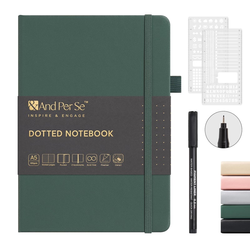 &And Per Se ⩓ Per Se Dotted Journal Kit, 176 Numbered Pages, A5 Leather Hardcover Dotted Notebook with Stencils & Fineliner Pen (Green) - Image 1