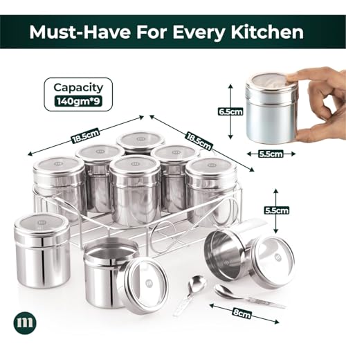 MARU 9 IN 1 Square Masala Box for Kitchen Steel - 140g Each Containers Comes with Push & See Through Lid, Airtight Jars As Multipupose Storage for Spices, Herbs, Mouth Freshner, Dry Fruits & More - Image 4