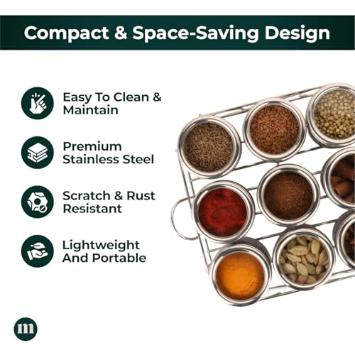 MARU 9 IN 1 Square Masala Box for Kitchen Steel - 140g Each Containers Comes with Push & See Through Lid, Airtight Jars As Multipupose Storage for Spices, Herbs, Mouth Freshner, Dry Fruits & More - Image 5