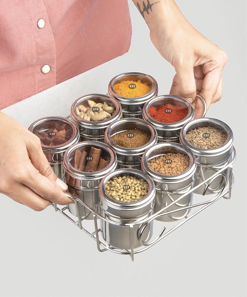 MARU 9 IN 1 Square Masala Box for Kitchen Steel - 140g Each Containers Comes with Push & See Through Lid, Airtight Jars As Multipupose Storage for Spices, Herbs, Mouth Freshner, Dry Fruits & More - Image 1