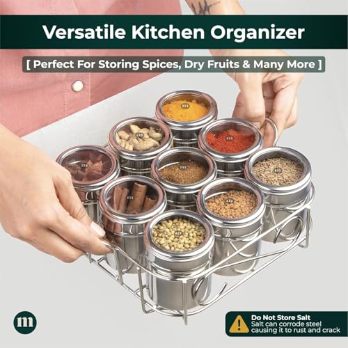 MARU 9 IN 1 Square Masala Box for Kitchen Steel - 140g Each Containers Comes with Push & See Through Lid, Airtight Jars As Multipupose Storage for Spices, Herbs, Mouth Freshner, Dry Fruits & More - Image 3