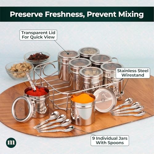MARU 9 IN 1 Square Masala Box for Kitchen Steel - 140g Each Containers Comes with Push & See Through Lid, Airtight Jars As Multipupose Storage for Spices, Herbs, Mouth Freshner, Dry Fruits & More - Image 2
