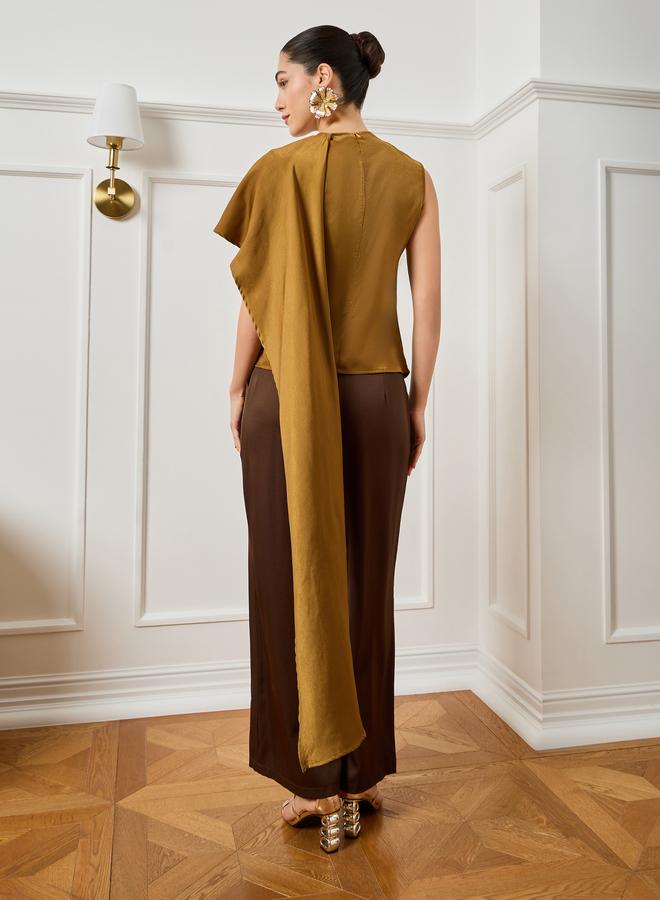 Styli Women Mustard Asymmetric Scarf Detail Satin Top - Image 5