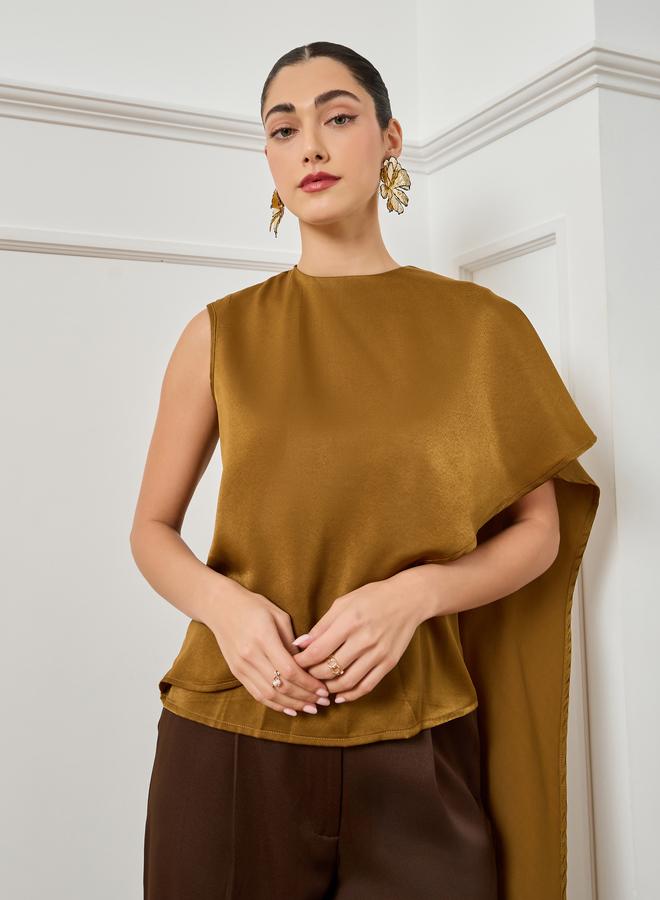 Styli Women Mustard Asymmetric Scarf Detail Satin Top - Image 3