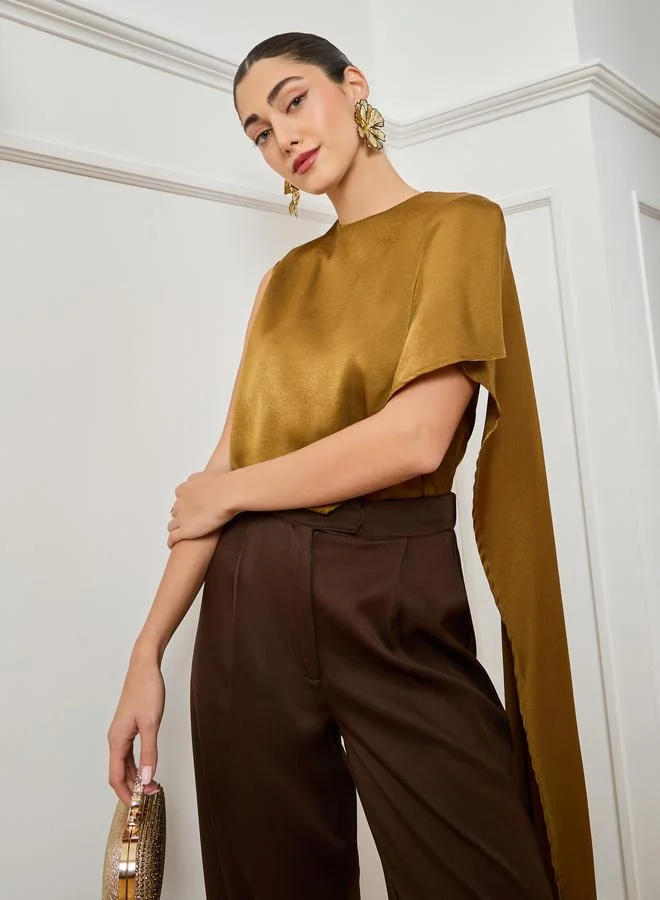 Women Mustard Asymmetric Scarf Detail Satin Top