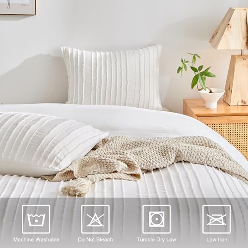 WARMDERN White Boho Duvet Cover Set Queen Size, Striped Textured Tufted Bedding Set, 3 Pcs Ultra Soft Washed Microfiber with Zipper Closure (Queen, White) - Image 4