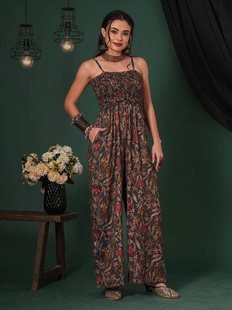 globus Globus Women Square Neck Adjustable Strappy Shoulder Smocked Floral Print Fusion Jumpsuit
