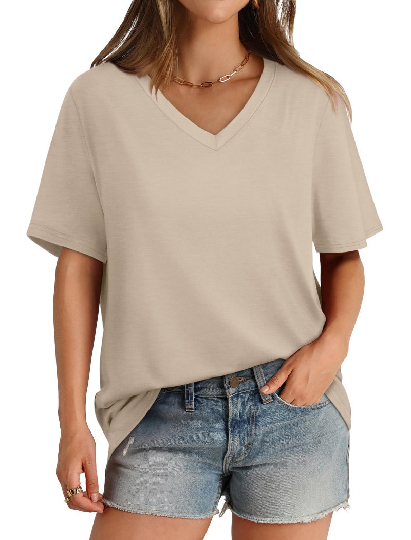 Aokosor Workout Tops for Women Loose Fit V Neck Tee Shirts Short Sleeve Tops Boyfriend T-Shirts Apricot M - Image 1